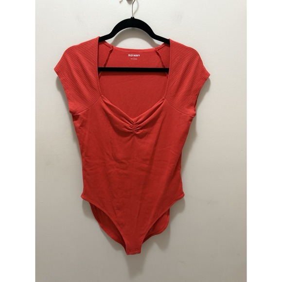 Old Navy Women's Coral Ribbed Bodysuit Size L – Short Sleeve Cotton Modal - Picture 1 of 6